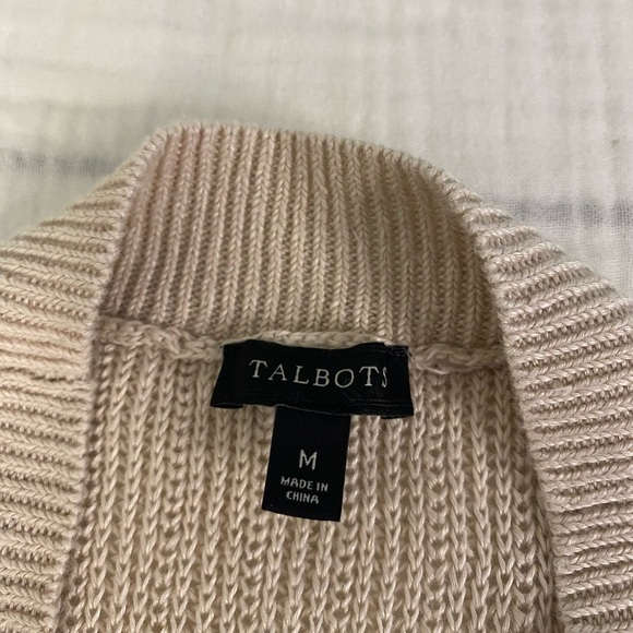 Talbots Linen Open Cardigan Long Sleeve Sweater Pockets Tan Cream Office Medium - Picture 6 of 15